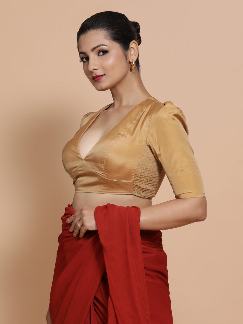 Pavani x Rozaana | Gold Art Silk Saree Blouse-Binks