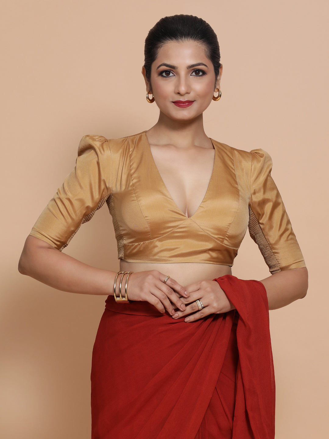Pavani x Rozaana Saree Blouse, in Gold Vegan Silk, featuring elbow sleeves and v-neckline, made for party & festive (view 7).