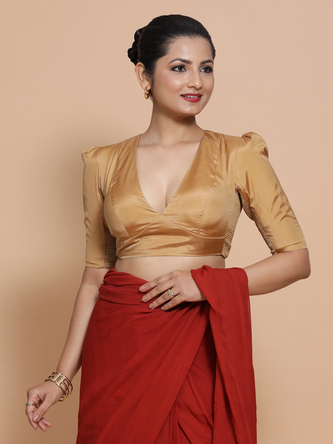 Pavani x Rozaana Saree Blouse, in Gold Vegan Silk, featuring elbow sleeves and v-neckline, made for party & festive (view 8).