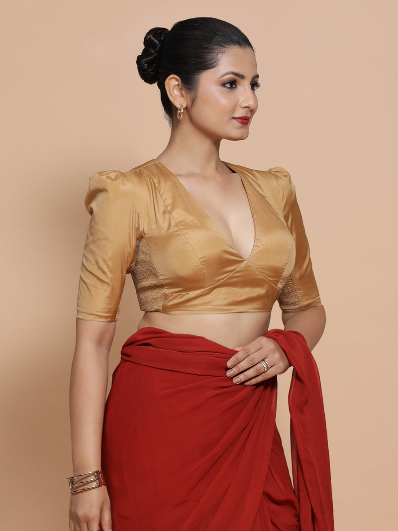 Pavani x Rozaana | Gold Art Silk Saree Blouse-Binks