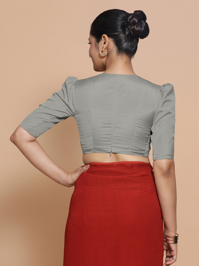 Pavani x Rozaana Saree Blouse, in Grey Vegan Silk, featuring elbow sleeves and v-neckline, made for party & festive (view 2).