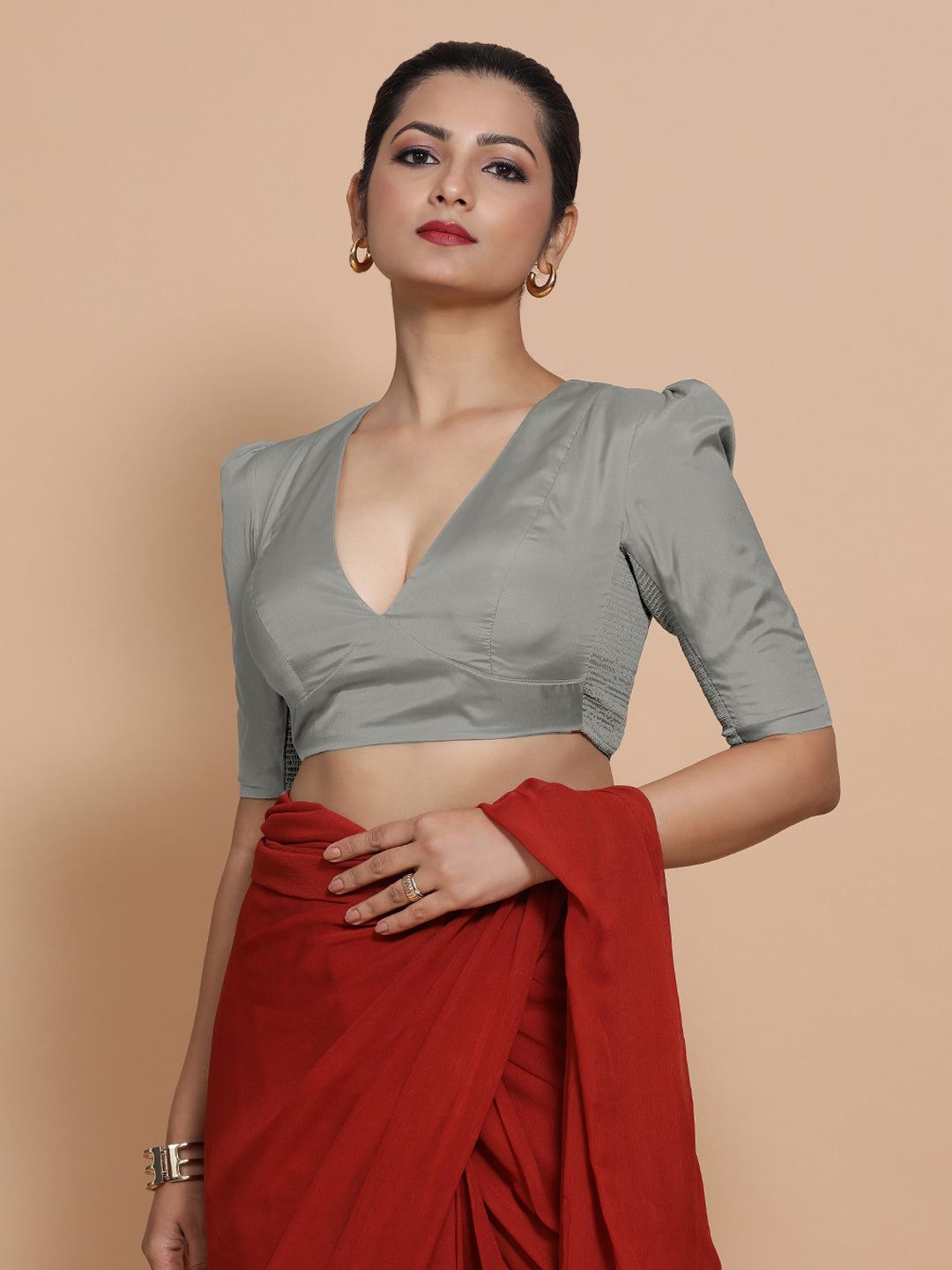 Pavani x Rozaana Saree Blouse, in Grey Vegan Silk, featuring elbow sleeves and v-neckline, made for party & festive (view 8).