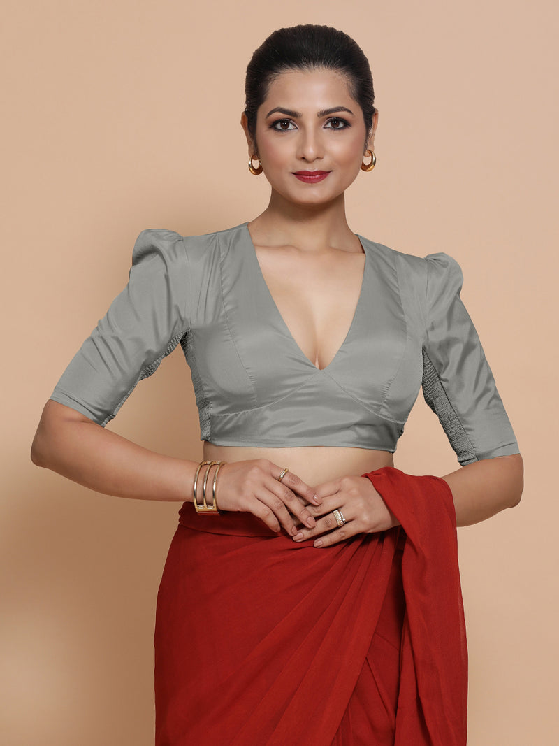 Pavani x Rozaana | Grey Art Silk Saree Blouse-Binks