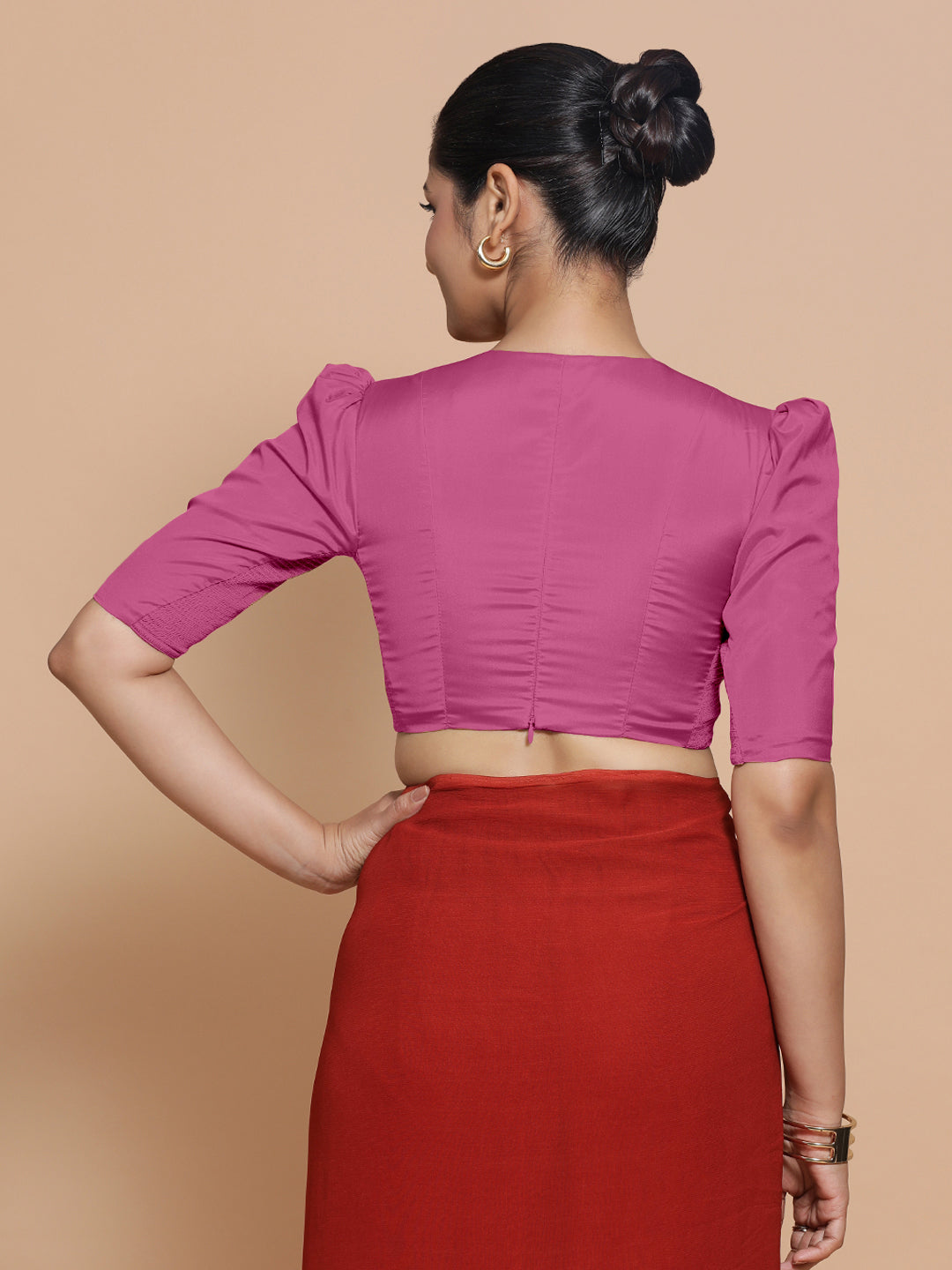 Pavani x Rozaana Saree Blouse, in Pink Artificial Silk, featuring elbow sleeves and v-neckline, made for party & festive.