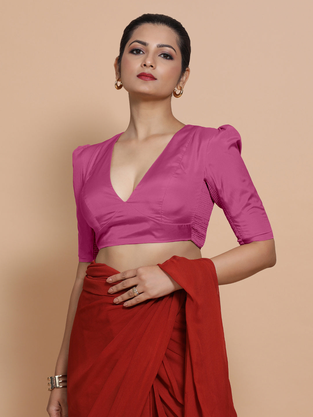 Pavani x Rozaana Saree Blouse, in Pink Artificial Silk, featuring elbow sleeves and v-neckline, made for party & festive.