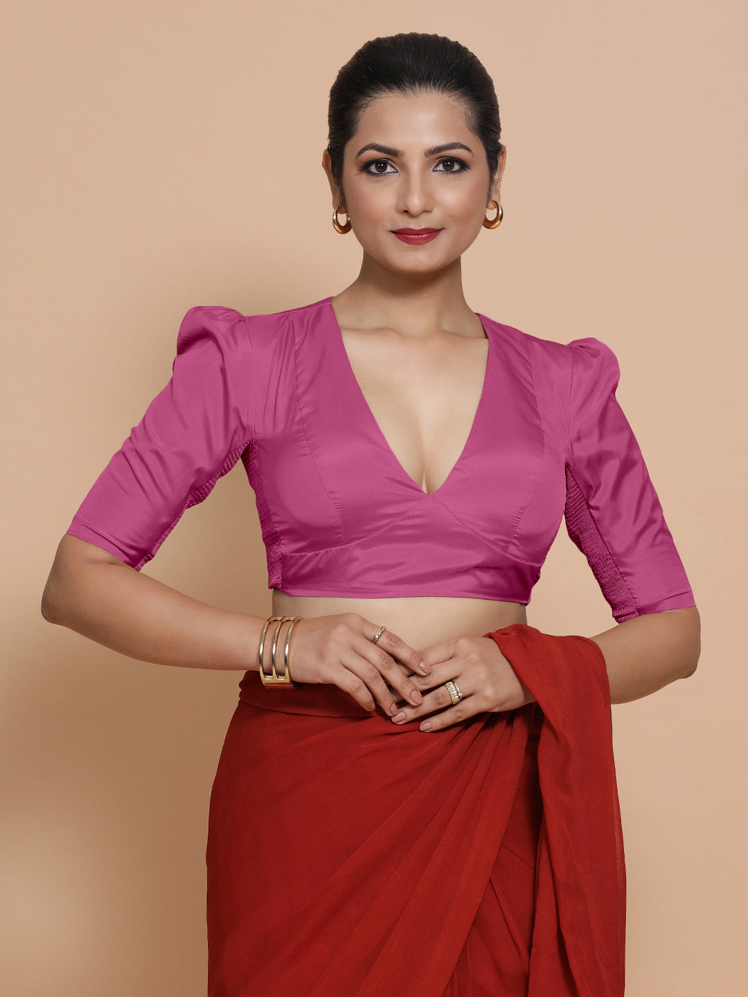 Pavani x Rozaana Saree Blouse, in Pink Artificial Silk, featuring elbow sleeves and v-neckline, made for party & festive.