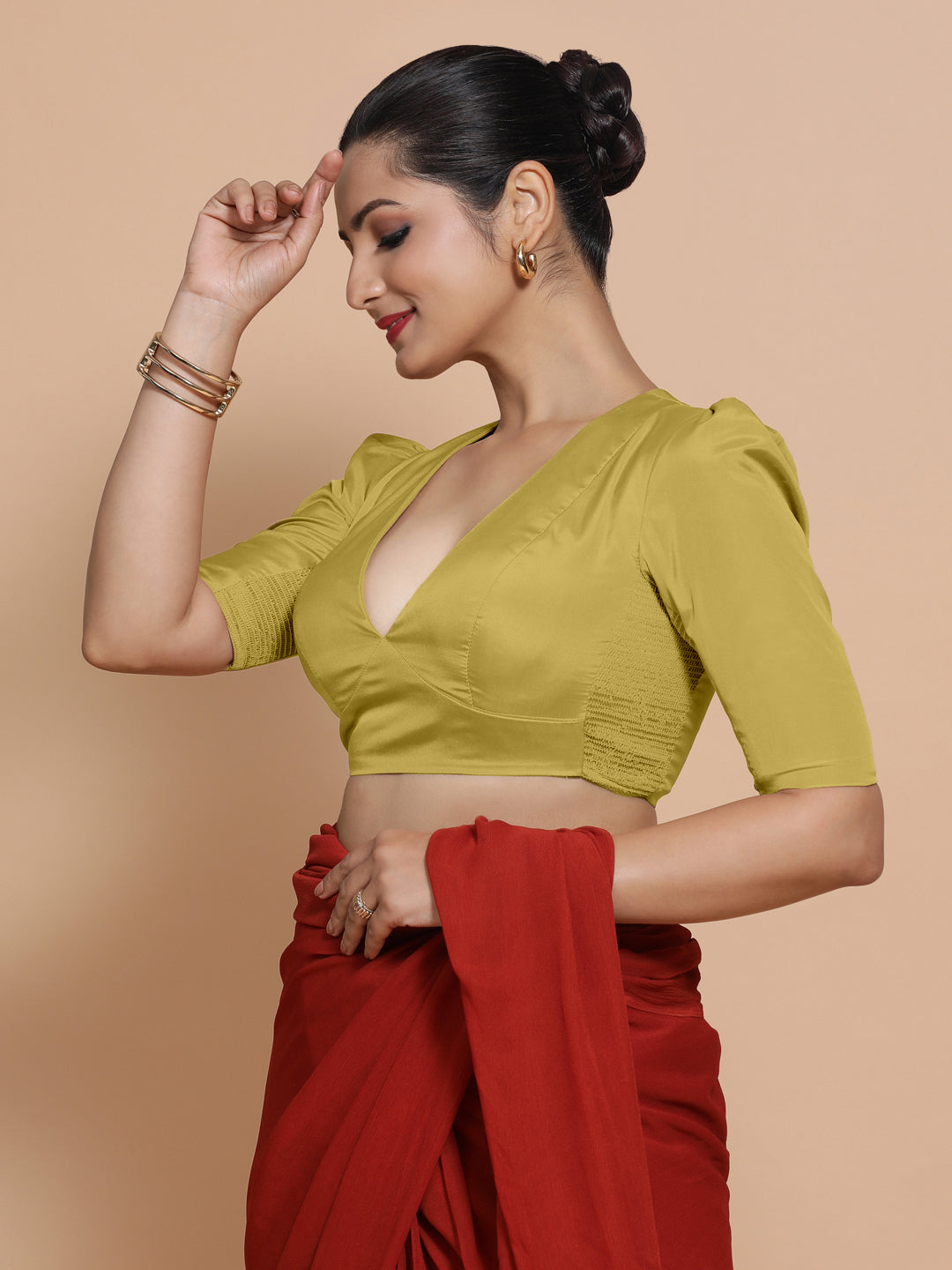 Pavani x Rozaana Saree Blouse, in Yellow Vegan Silk, featuring elbow sleeves and v-neckline, made for party & festive (view 5).