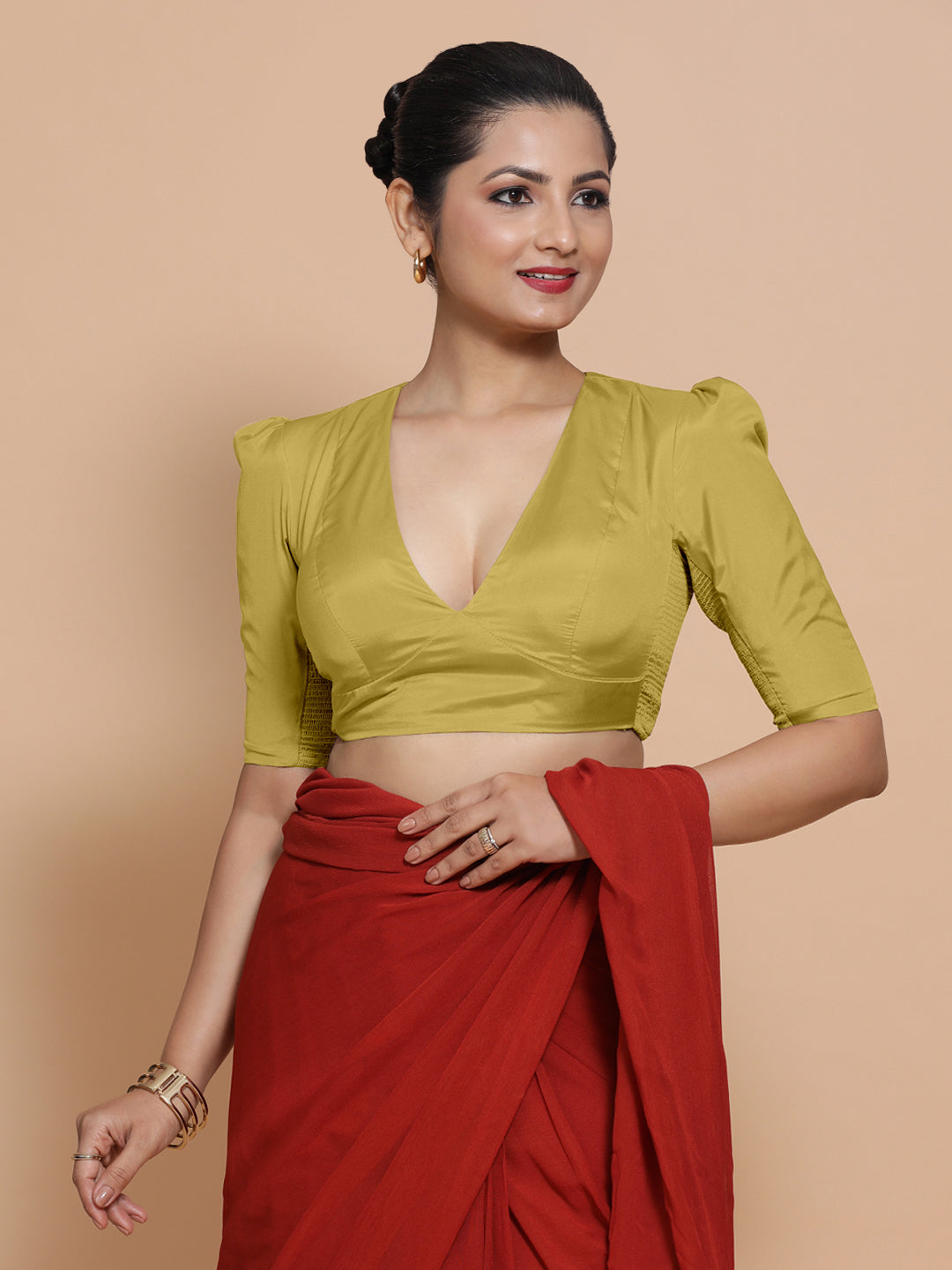 Pavani x Rozaana Saree Blouse, in Yellow Vegan Silk, featuring elbow sleeves and v-neckline, made for party & festive (view 6).