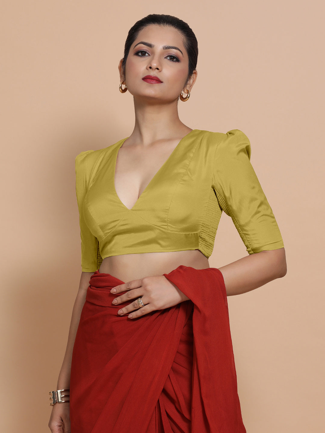 Pavani x Rozaana Saree Blouse, in Yellow Vegan Silk, featuring elbow sleeves and v-neckline, made for party & festive (view 7).