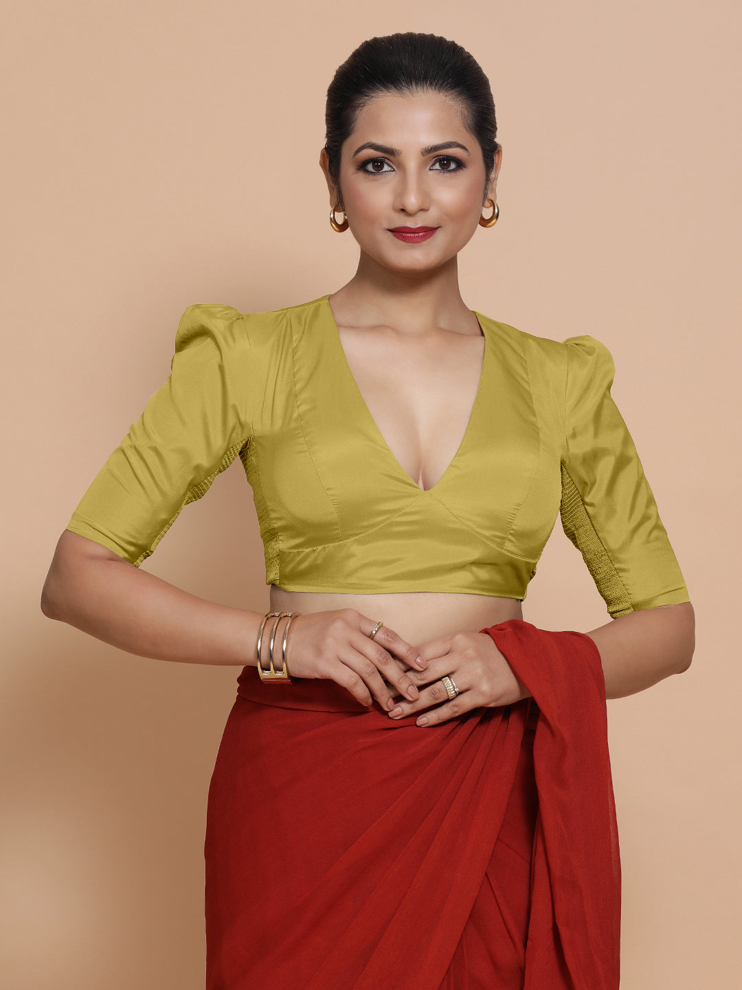 Pavani x Rozaana Saree Blouse, in Yellow Vegan Silk, featuring elbow sleeves and v-neckline, made for party & festive (view 8).