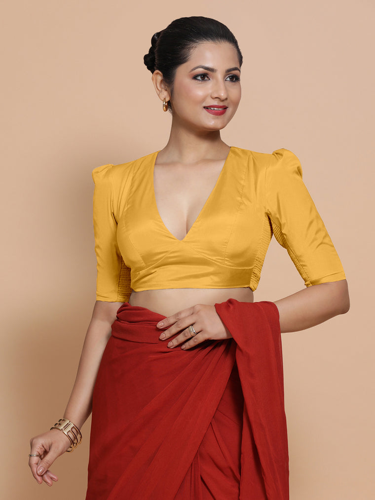 Pavani x Rozaana Saree Blouse, in Yellow Artificial Silk, featuring elbow sleeves and v-neckline, made for party & festive.