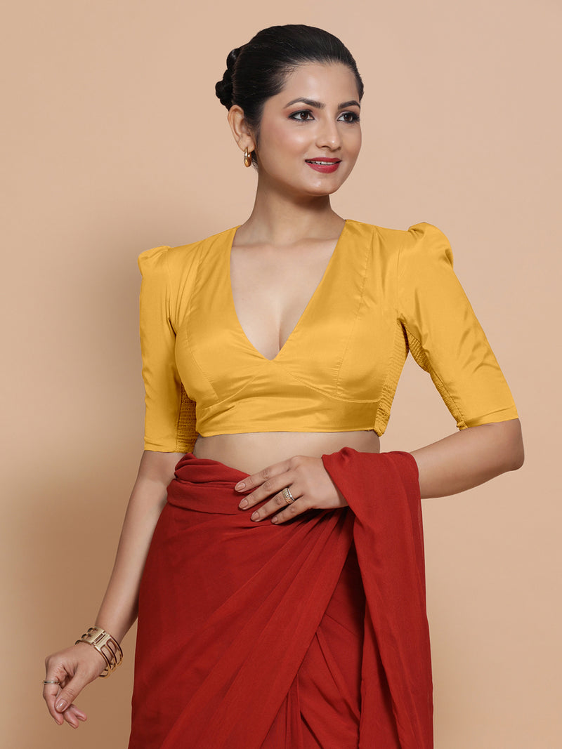 Pavani x Rozaana | Puff Sleeves Marigold Yellow FlexiFit™ Saree Blouse with V-Neck-Binks