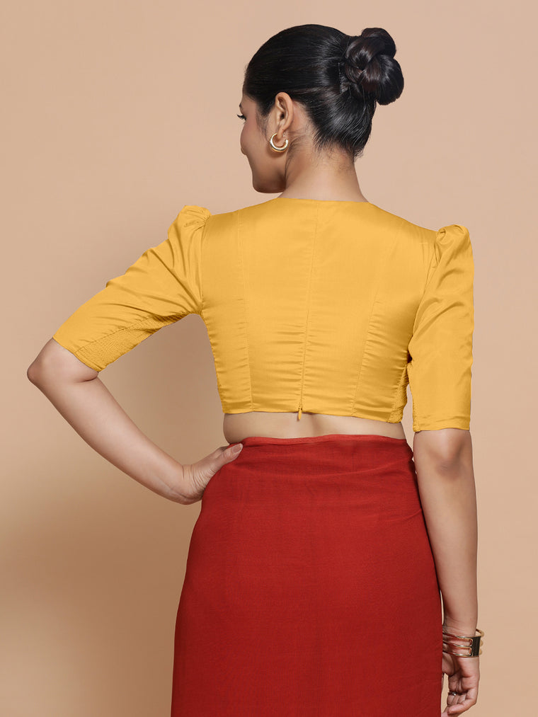 Pavani x Rozaana Saree Blouse, in Yellow Artificial Silk, featuring elbow sleeves and v-neckline, made for party & festive.
