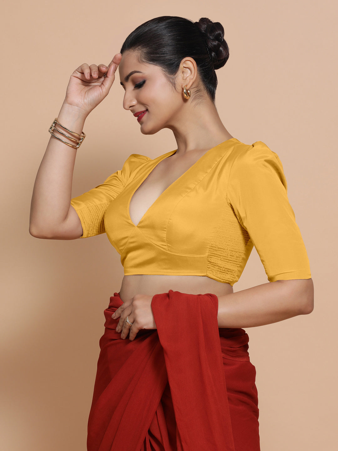 Pavani x Rozaana Saree Blouse, in Yellow Artificial Silk, featuring elbow sleeves and v-neckline, made for party & festive.