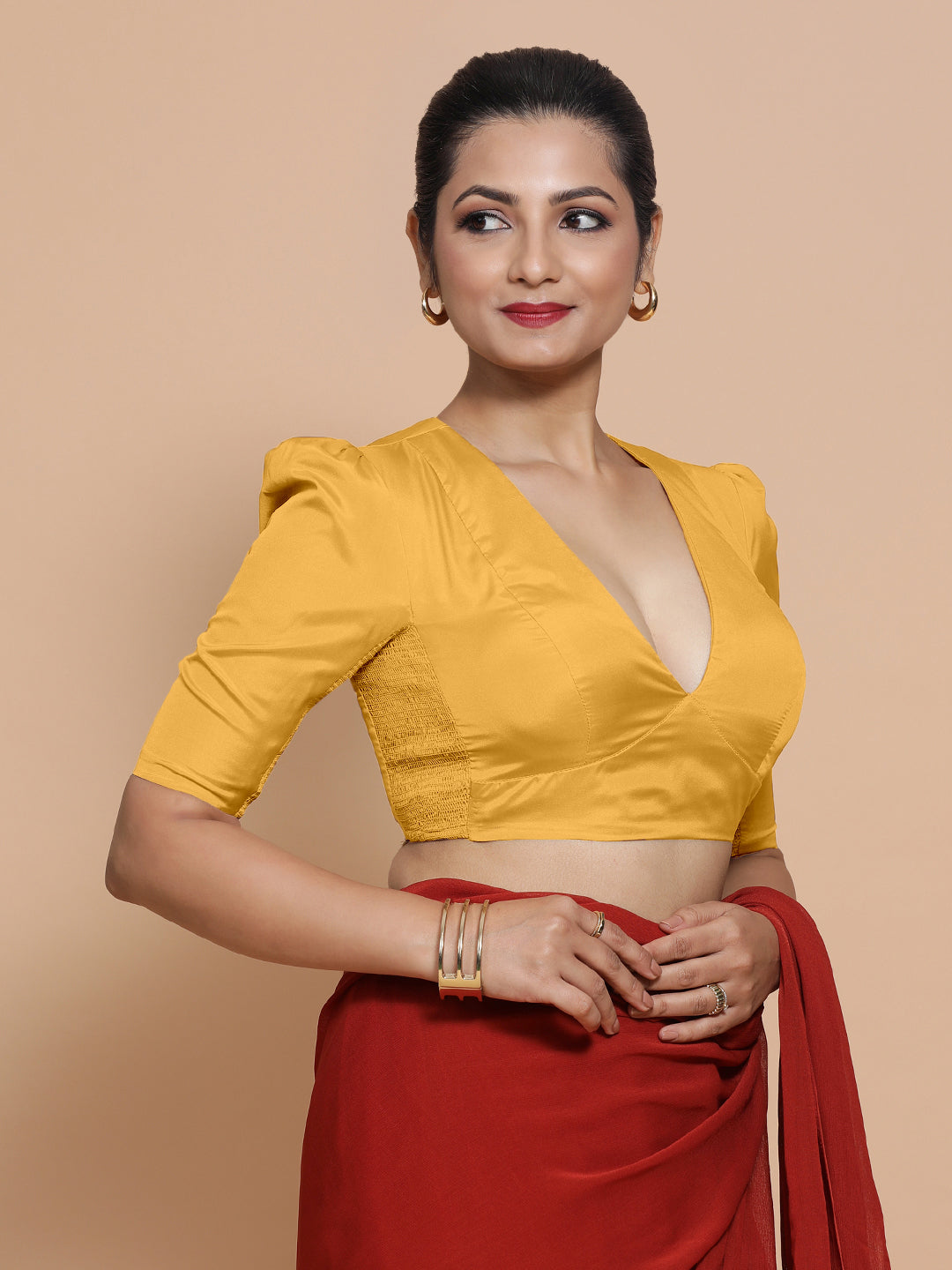 Pavani x Rozaana Saree Blouse, in Yellow Artificial Silk, featuring elbow sleeves and v-neckline, made for party & festive.