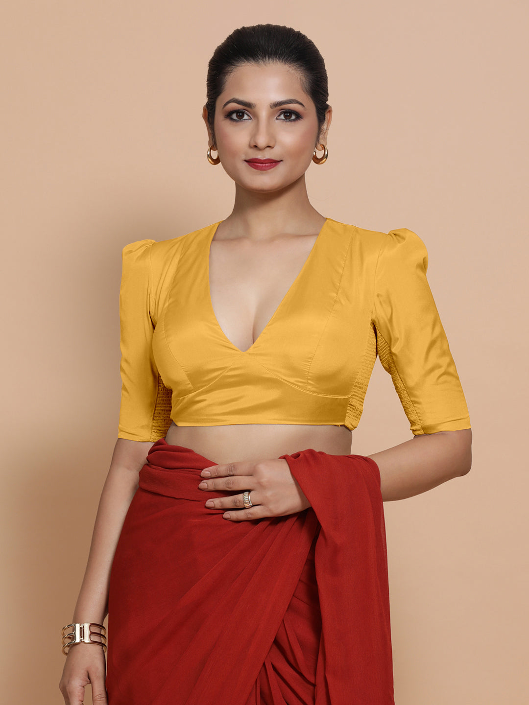Pavani x Rozaana Saree Blouse, in Yellow Artificial Silk, featuring elbow sleeves and v-neckline, made for party & festive.