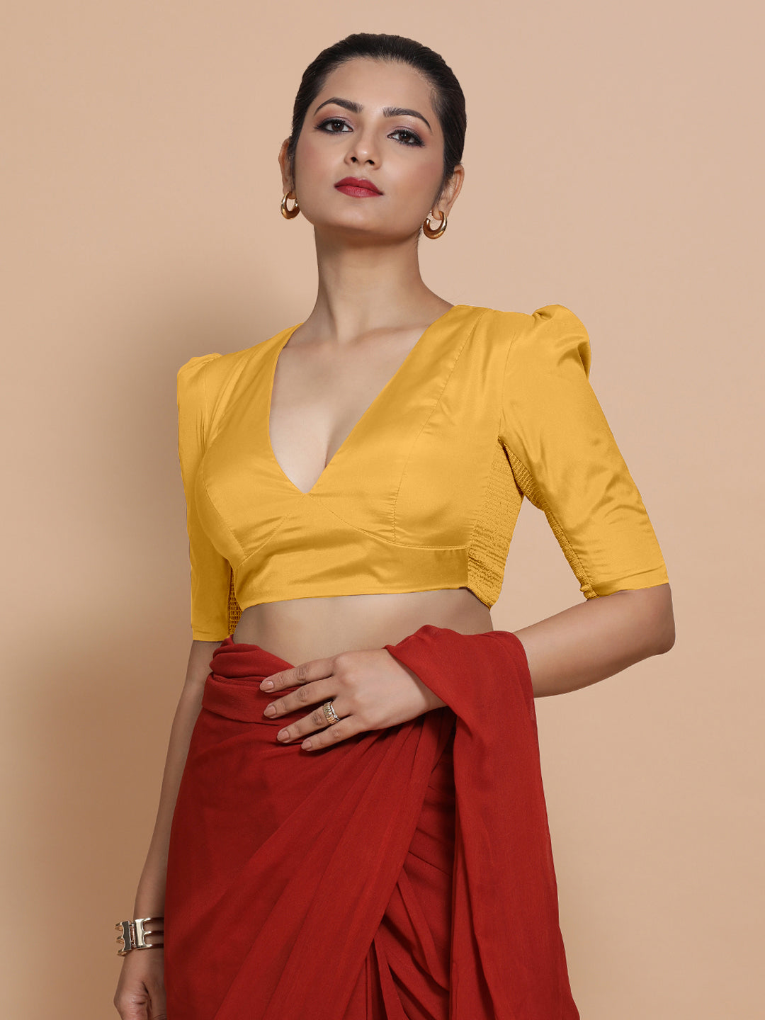 Pavani x Rozaana Saree Blouse, in Yellow Artificial Silk, featuring elbow sleeves and v-neckline, made for party & festive.