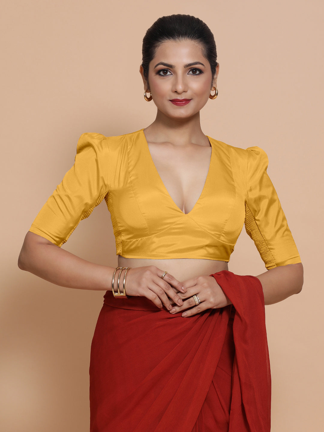 Pavani x Rozaana Saree Blouse, in Yellow Artificial Silk, featuring elbow sleeves and v-neckline, made for party & festive.