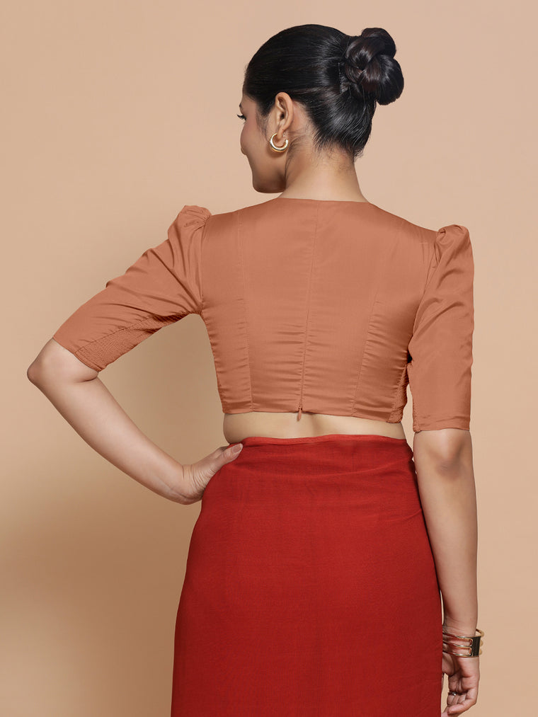 Pavani x Rozaana Saree Blouse, in Copper Vegan Silk, featuring elbow sleeves and v-neckline, made for party & festive (view 2).