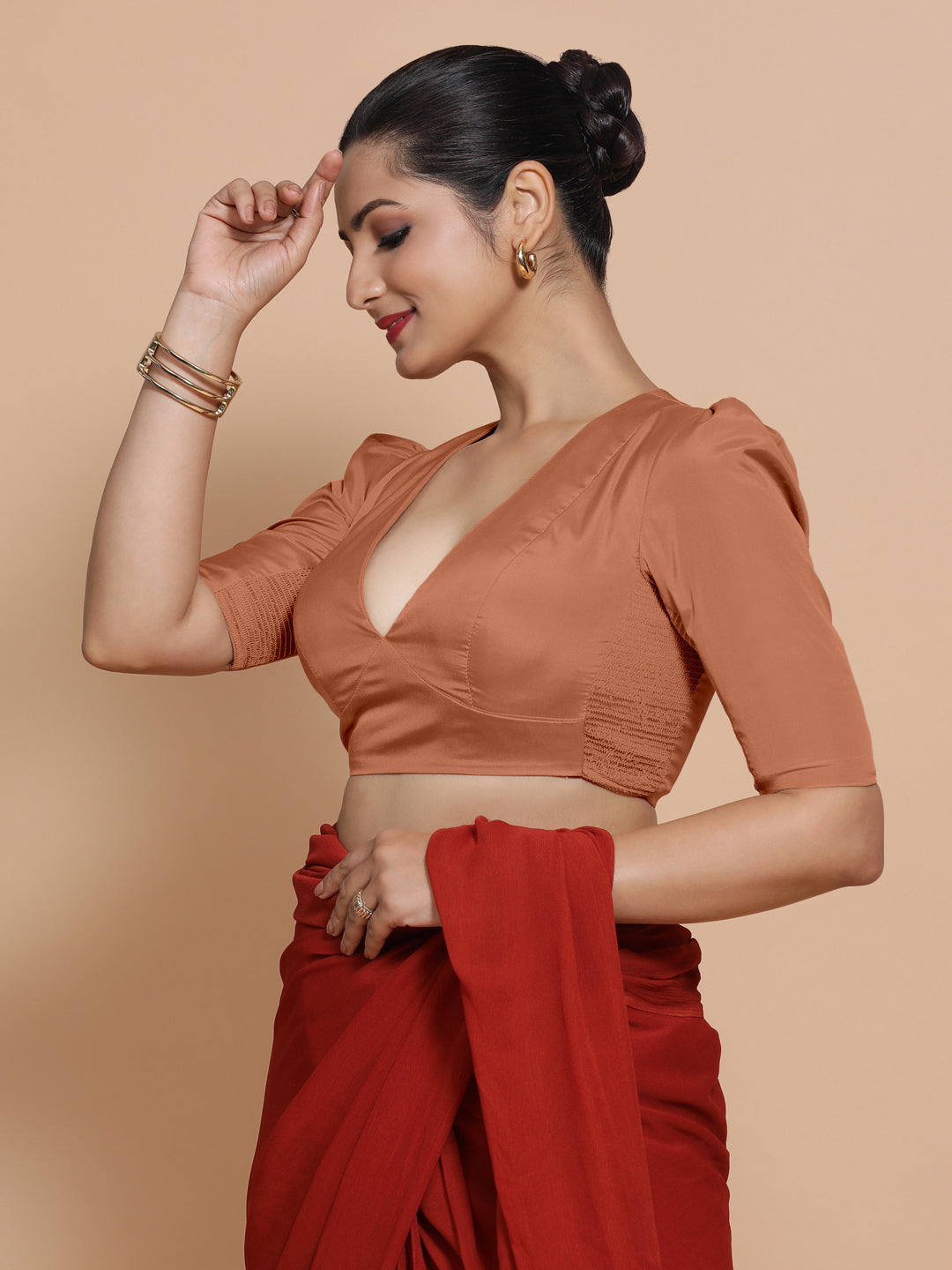 Pavani x Rozaana Saree Blouse, in Copper Vegan Silk, featuring elbow sleeves and v-neckline, made for party & festive (view 5).