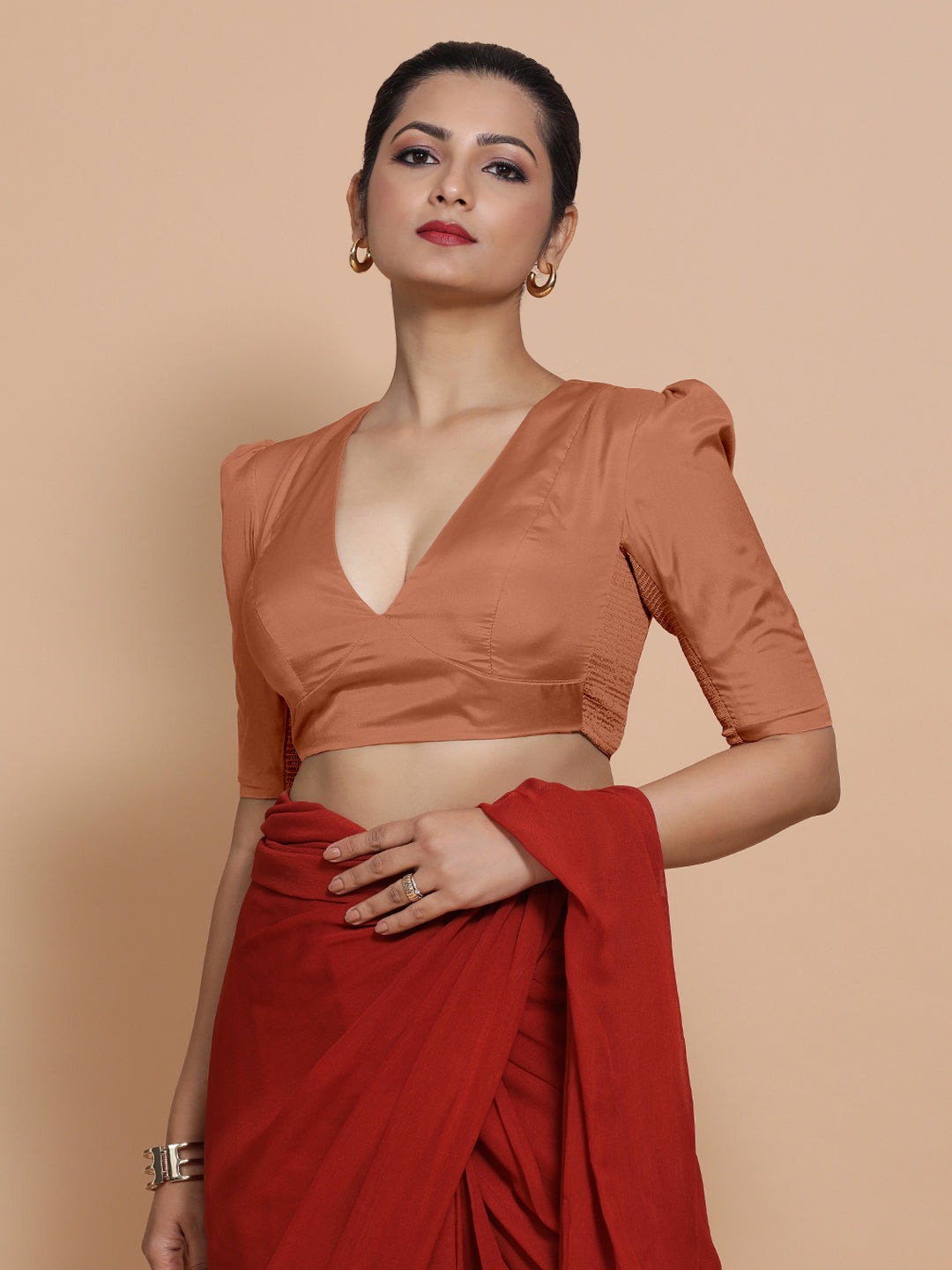 Pavani x Rozaana Saree Blouse, in Copper Vegan Silk, featuring elbow sleeves and v-neckline, made for party & festive (view 8).