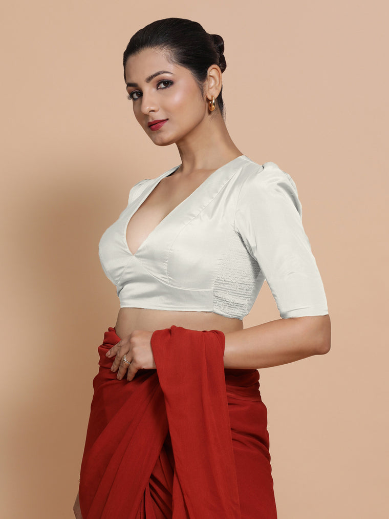 Pavani x Rozaana Saree Blouse, in White Vegan Silk, featuring elbow sleeves and v-neckline, made for party & festive.