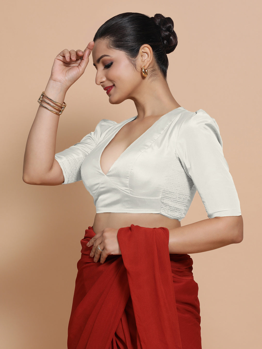 Pavani x Rozaana Saree Blouse, in White Vegan Silk, featuring elbow sleeves and v-neckline, made for party & festive (view 5).