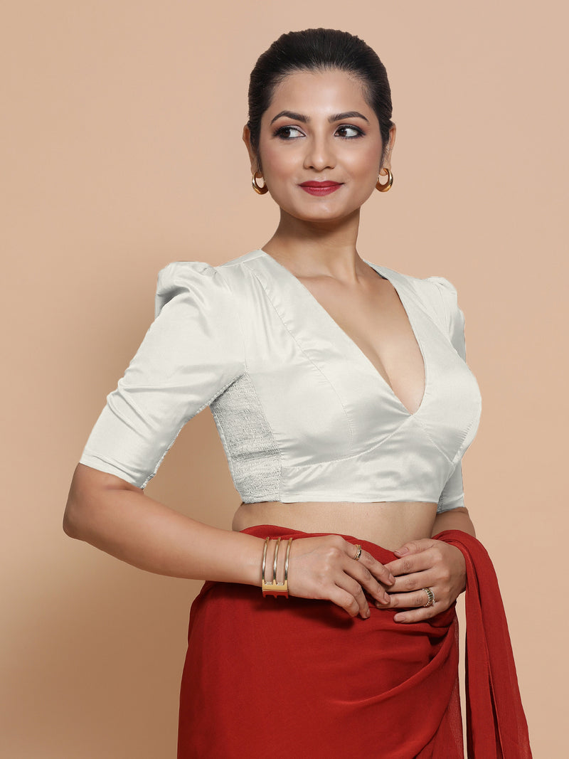 Pavani x Rozaana | Pearl White Art Silk Saree Blouse-Binks