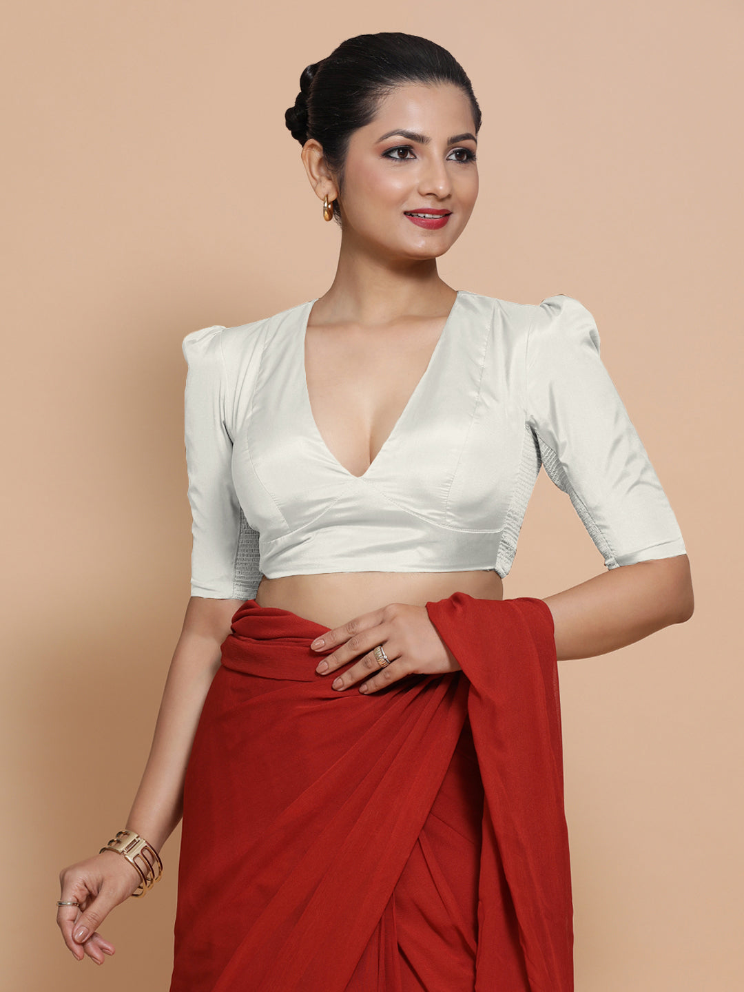 Pavani x Rozaana Saree Blouse, in White Vegan Silk, featuring elbow sleeves and v-neckline, made for party & festive (view 7).