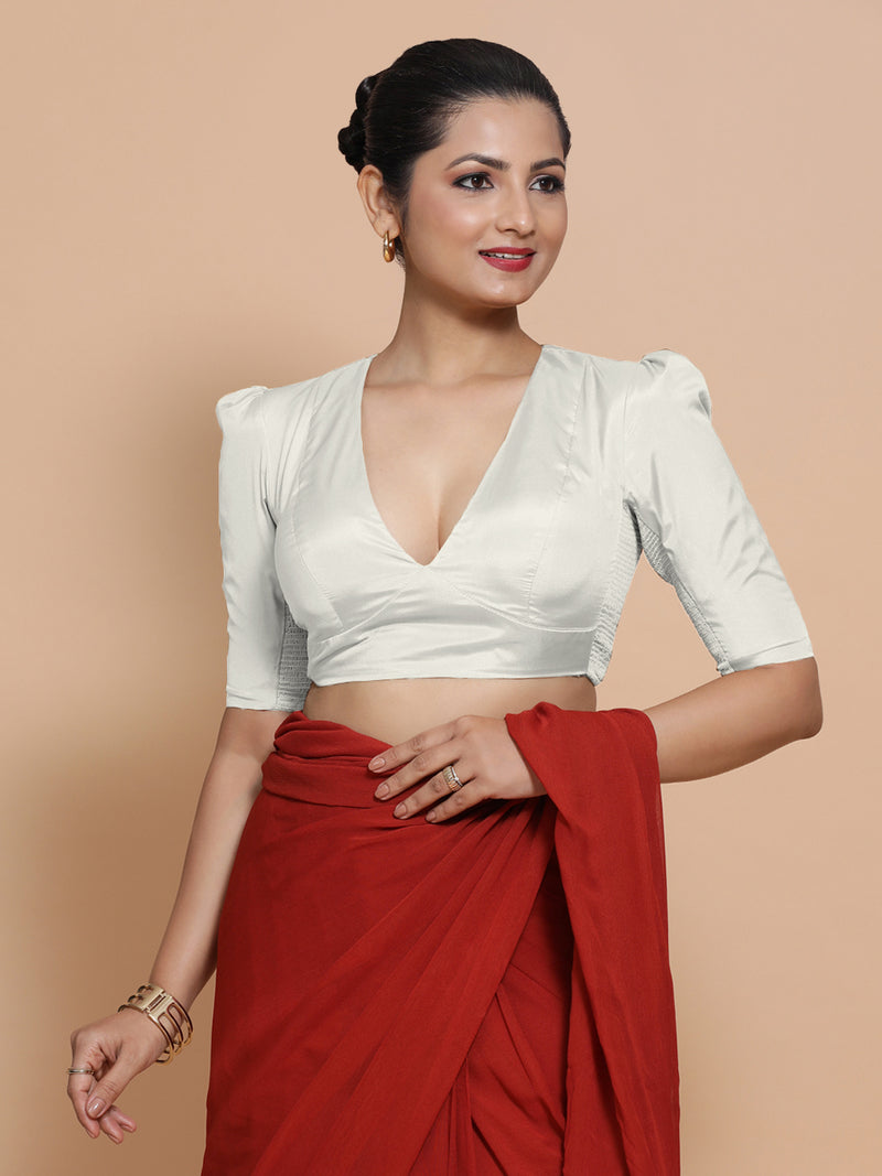 Pavani x Rozaana | Pearl White Art Silk Saree Blouse-Binks