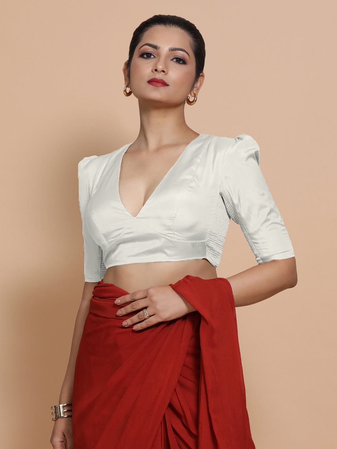 Pavani x Rozaana Saree Blouse, in White Vegan Silk, featuring elbow sleeves and v-neckline, made for party & festive (view 8).