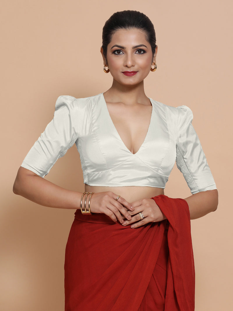 Pavani x Rozaana | Pearl White Art Silk Saree Blouse-Binks