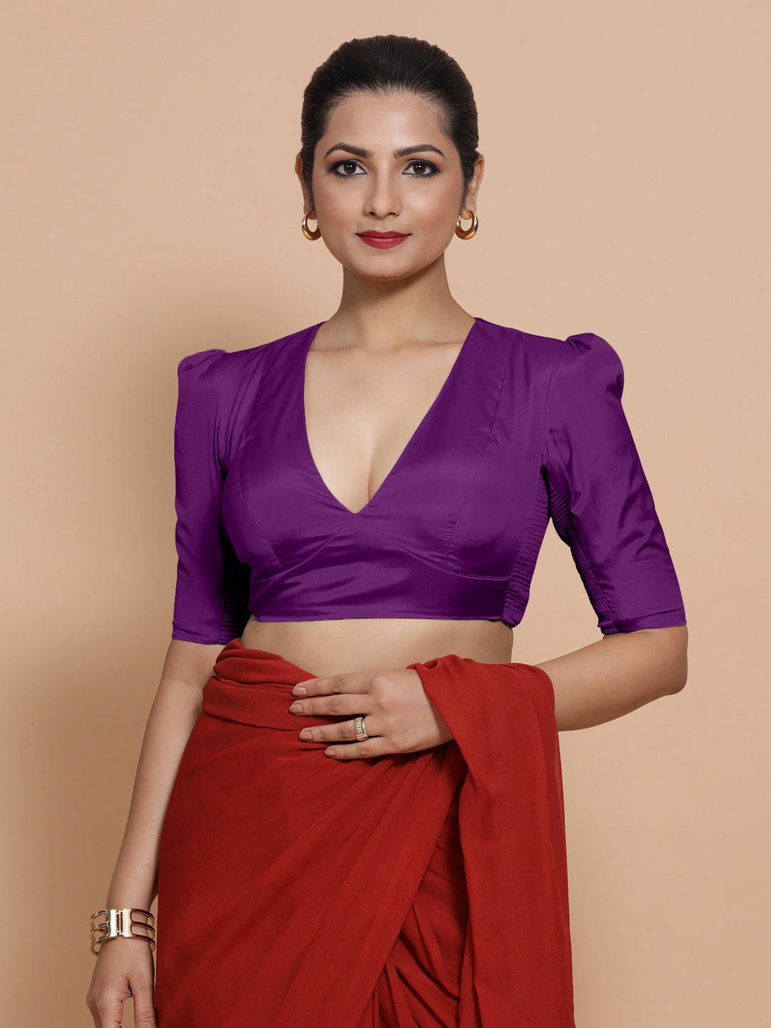 Pavani x Rozaana Saree Blouse, in Purple Vegan Silk, featuring elbow sleeves and v-neckline, made for party & festive (view 4).