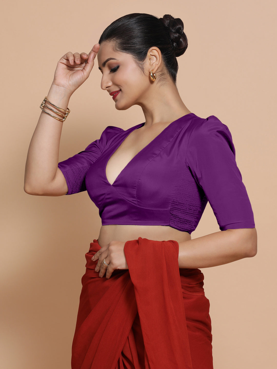 Pavani x Rozaana Saree Blouse, in Purple Vegan Silk, featuring elbow sleeves and v-neckline, made for party & festive (view 5).