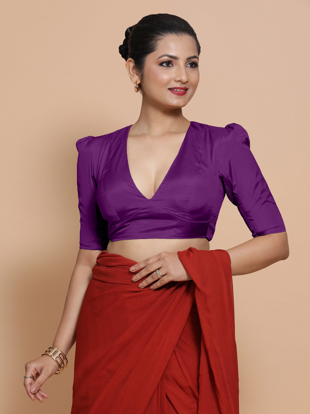 Pavani x Rozaana Saree Blouse, in Purple Vegan Silk, featuring elbow sleeves and v-neckline, made for party & festive (view 7).