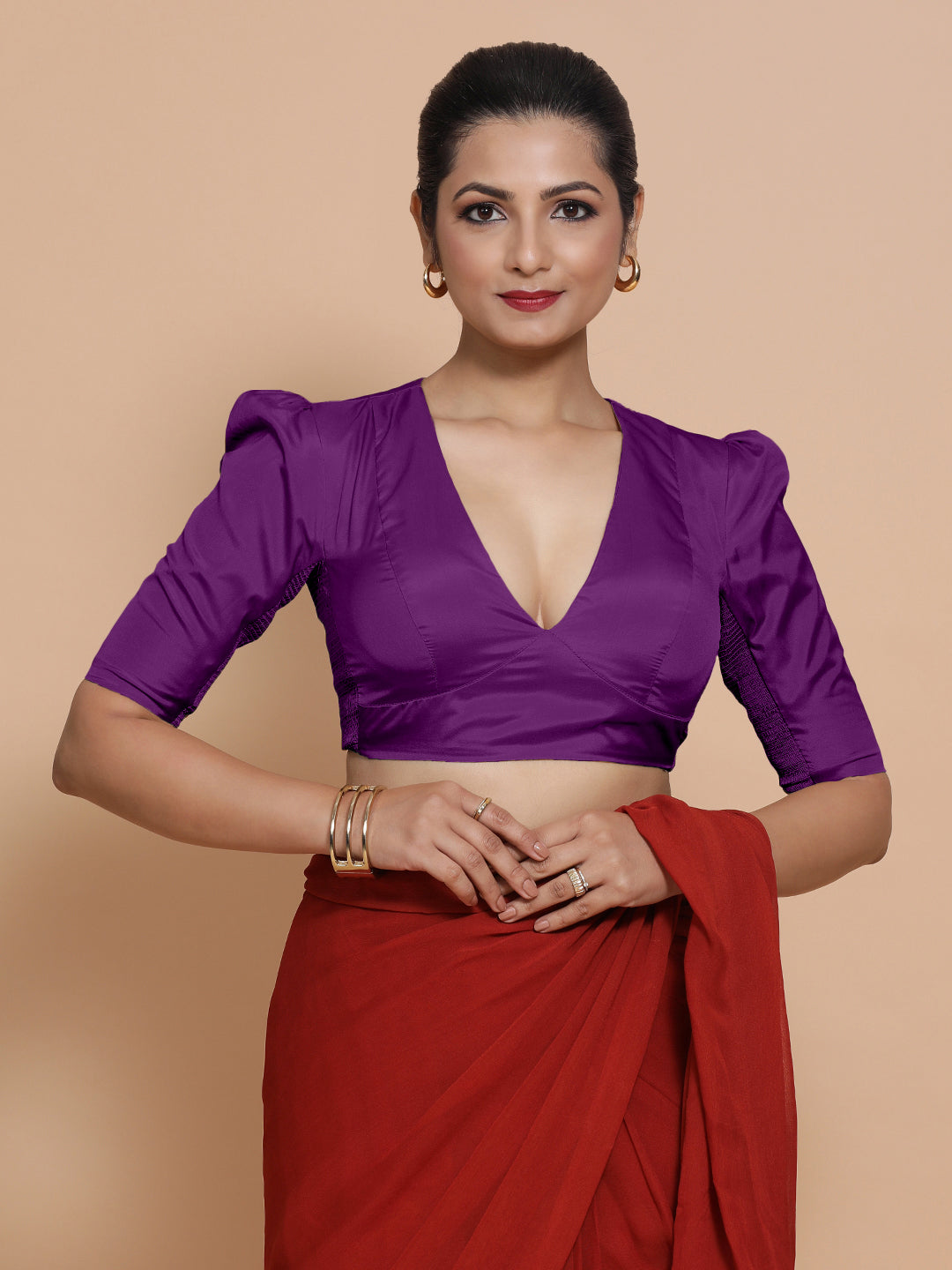 Pavani x Rozaana Saree Blouse, in Purple Vegan Silk, featuring elbow sleeves and v-neckline, made for party & festive (view 8).
