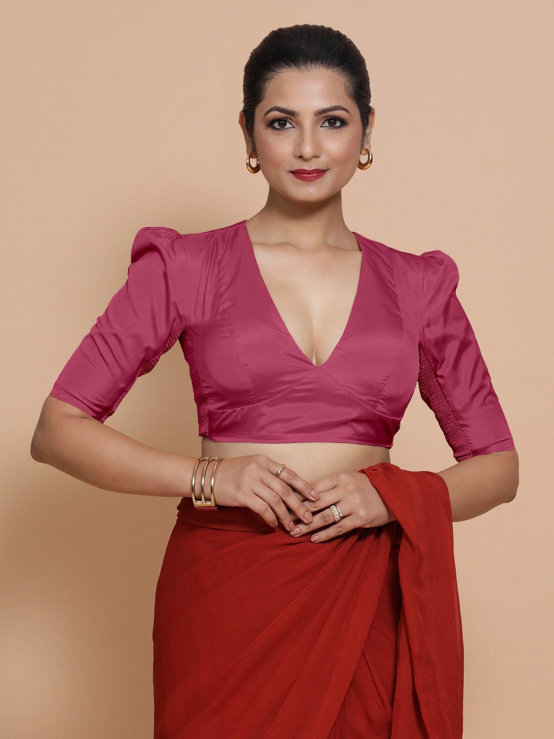Pavani x Rozaana Saree Blouse, in Pink Vegan Silk, featuring elbow sleeves and v-neckline, made for party & festive.