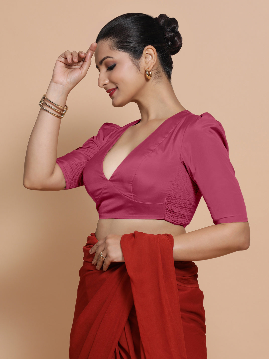 Pavani x Rozaana Saree Blouse, in Pink Vegan Silk, featuring elbow sleeves and v-neckline, made for party & festive (view 4).