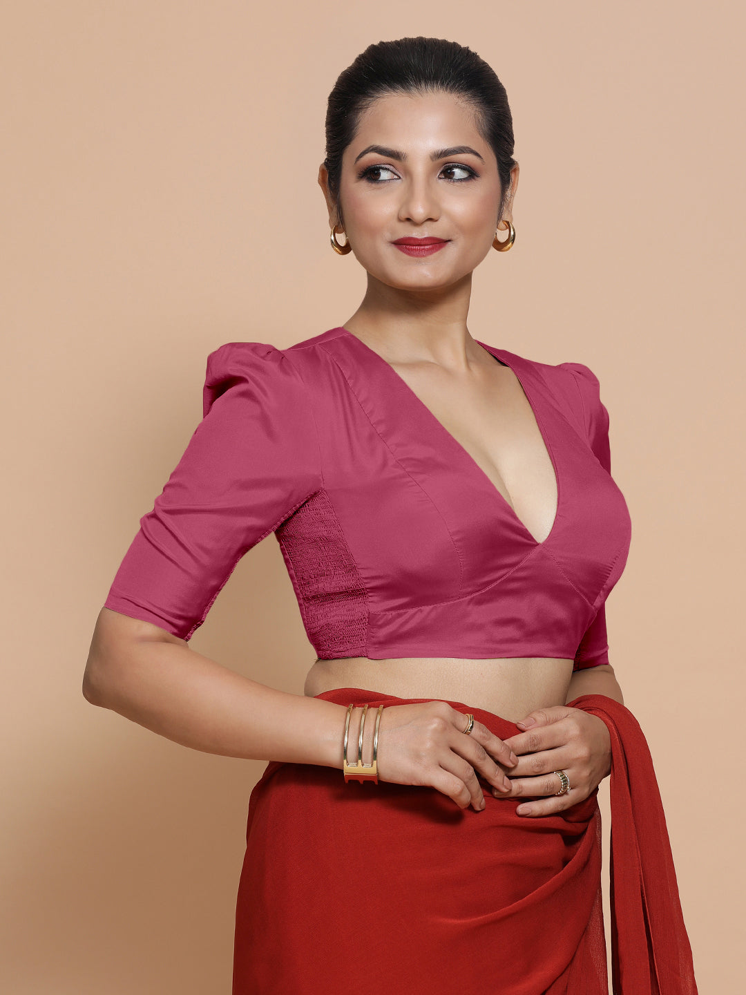 Pavani x Rozaana Saree Blouse, in Pink Vegan Silk, featuring elbow sleeves and v-neckline, made for party & festive (view 5).