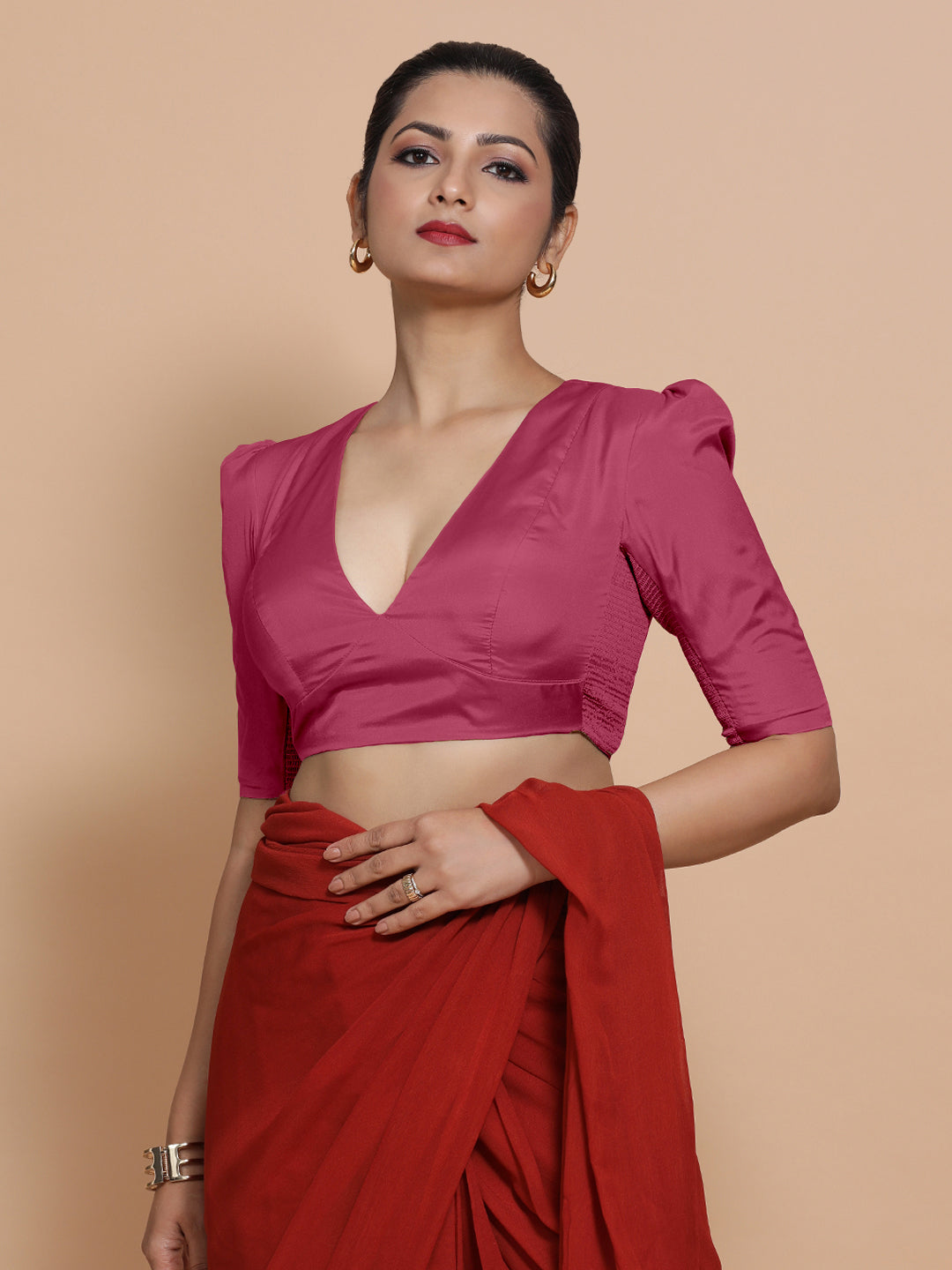 Pavani x Rozaana Saree Blouse, in Pink Vegan Silk, featuring elbow sleeves and v-neckline, made for party & festive (view 7).