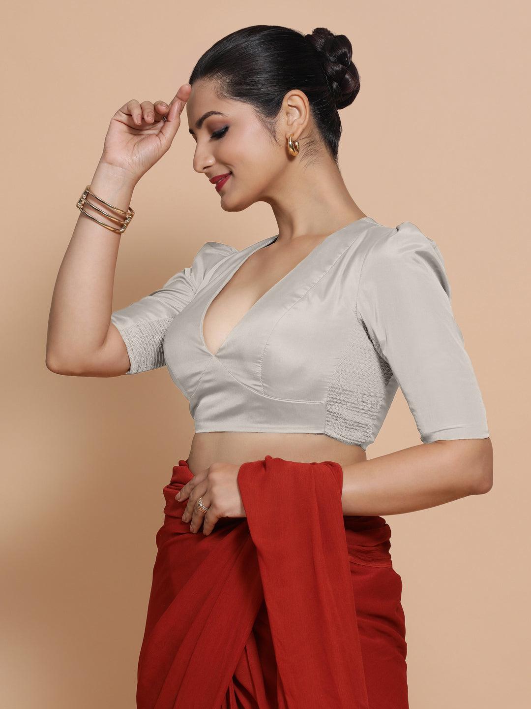 Pavani x Rozaana Saree Blouse, in Silver Vegan Silk, featuring elbow sleeves and v-neckline, made for party & festive (view 4).