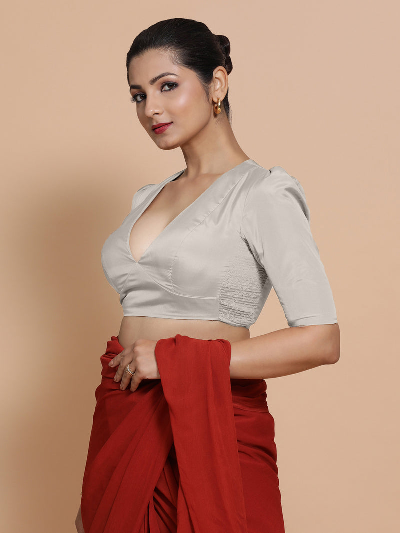 Pavani x Rozaana | Silver Art Silk Saree Blouse-Binks