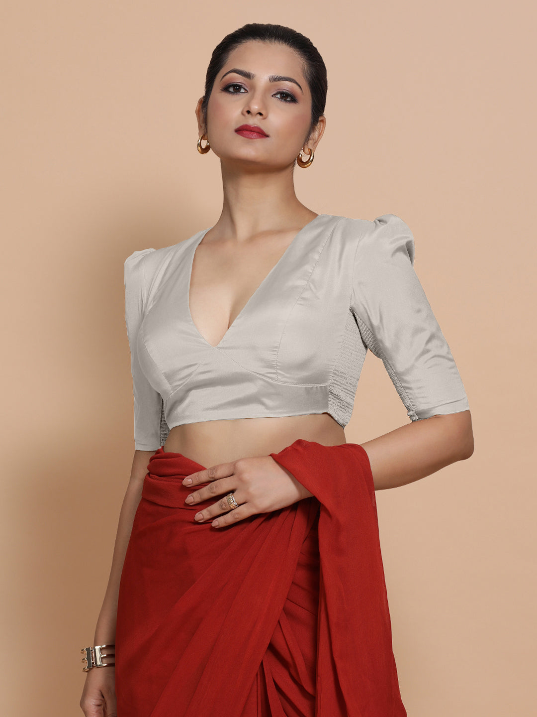 Pavani x Rozaana Saree Blouse, in Silver Vegan Silk, featuring elbow sleeves and v-neckline, made for party & festive (view 8).