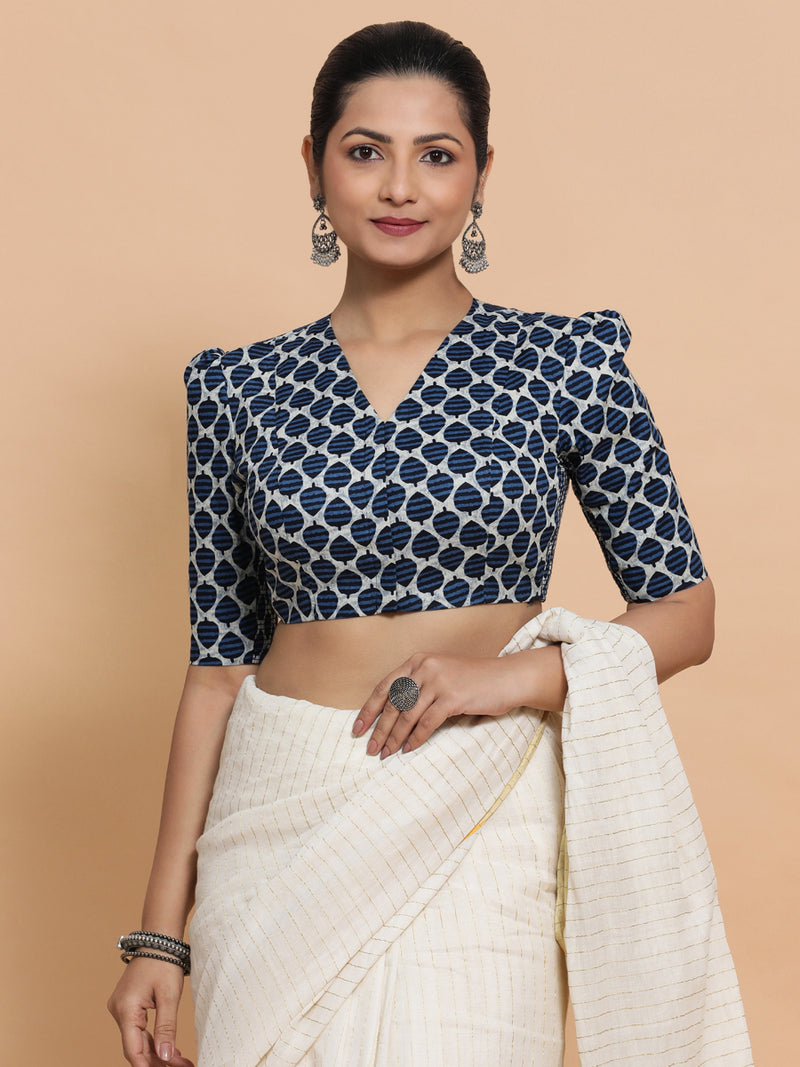 Payal x Rozaana | Elbow Sleeves Cotton Saree Blouse in Indigo Blue Leaf Block Print Fabric-Binks