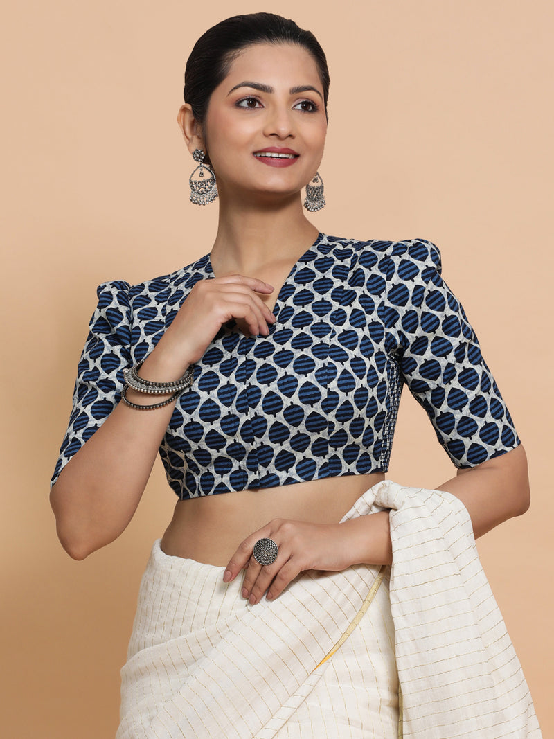 Payal x Rozaana | Elbow Sleeves Cotton Saree Blouse in Indigo Blue Leaf Block Print Fabric-Binks
