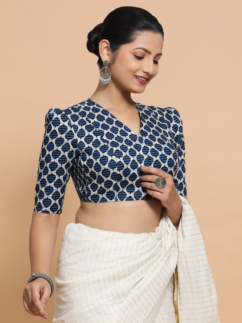 Payal x Rozaana | Elbow Sleeves Cotton Saree Blouse in Indigo Blue Leaf Block Print Fabric-Binks