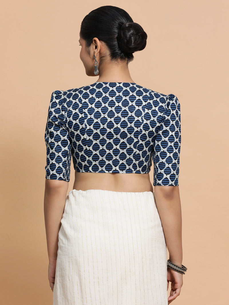 Payal x Rozaana | Elbow Sleeves Cotton Saree Blouse in Indigo Blue Leaf Block Print Fabric-Binks
