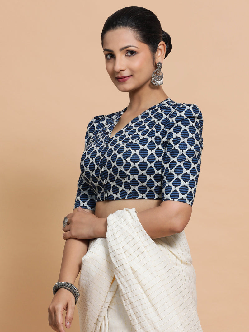 Payal x Rozaana | Elbow Sleeves Cotton Saree Blouse in Indigo Blue Leaf Block Print Fabric-Binks