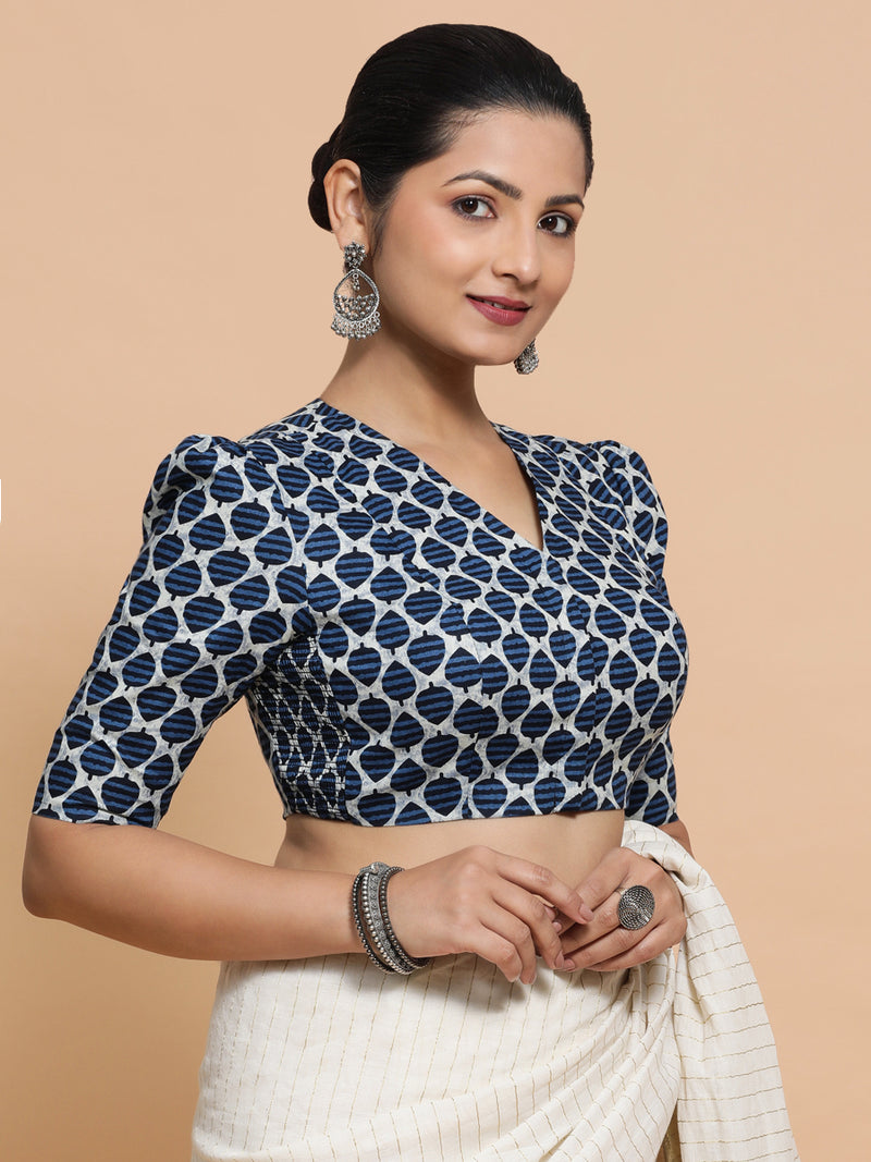 Payal x Rozaana | Elbow Sleeves Cotton Saree Blouse in Indigo Blue Leaf Block Print Fabric-Binks