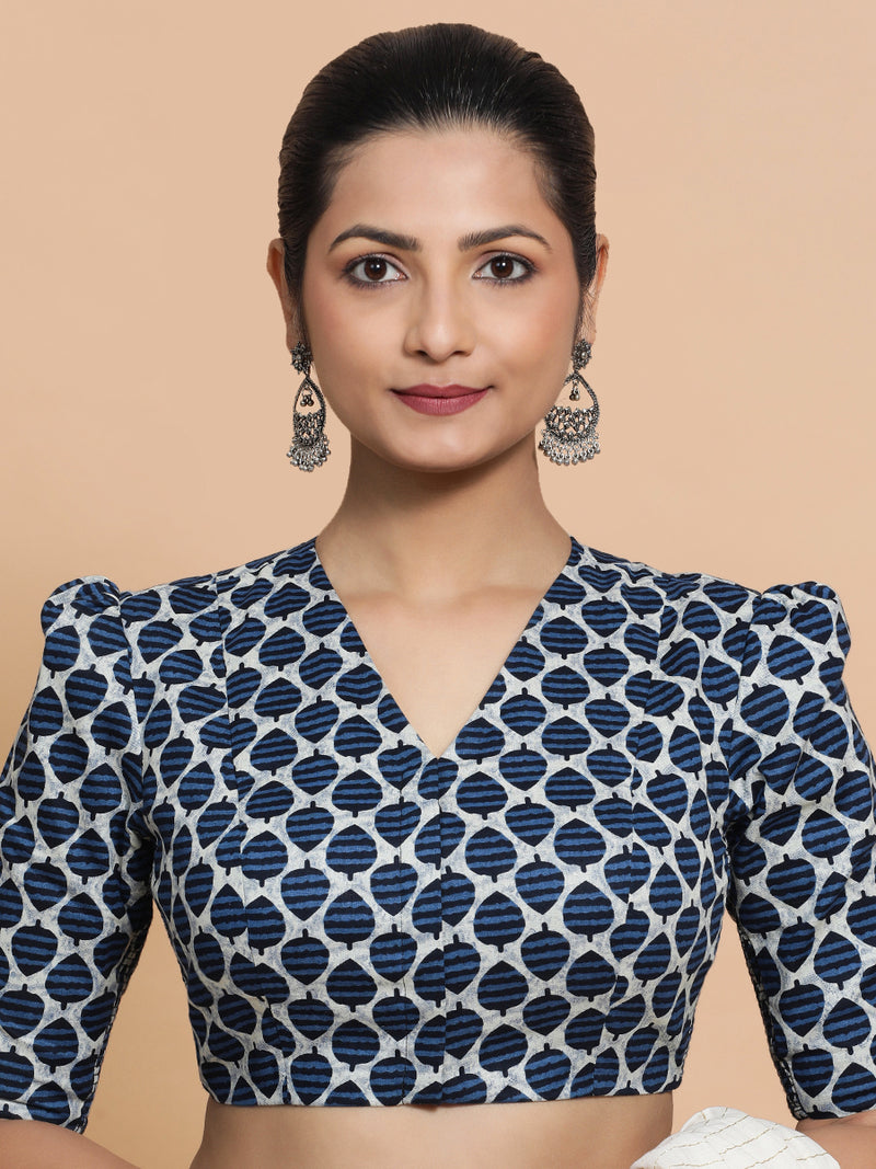 Payal x Rozaana | Elbow Sleeves Cotton Saree Blouse in Indigo Blue Leaf Block Print Fabric-Binks
